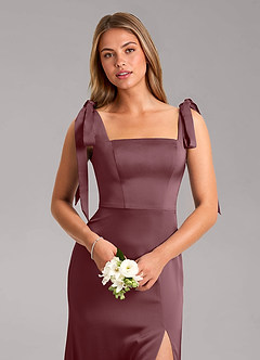 Azazie Frostine Bridesmaid Dresses Sangria A-Line Bow Stretch Satin Dress image4