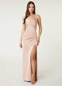 Azazie Desi Bridesmaid Dresses Blushing Pink Sheath Halter Corset Stretch Satin Dress image1