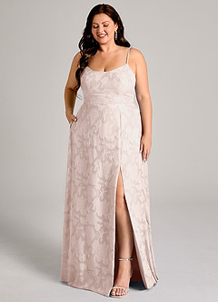 Azazie Moira Bridesmaid Dresses Blushing Pink A-Line Side Slit Floral Burnout Dress image10