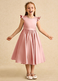 Azazie Dumpling Flower Girl Dresses Rosette A-Line Bow Matte Satin Dress image2