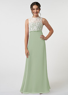 Azazie Rana Junior Robe Trapèze en Mousseline de soie Dentelle Vert Sauge image1