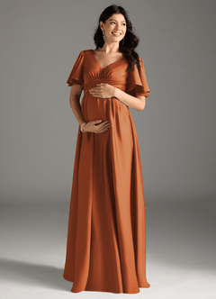 Azazie Verna Maternity Bridesmaid Dresses A-Line Ruched Stretch Satin Floor-Length Dress image3