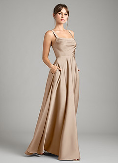 Azazie Shaude Bridesmaid Dresses Taupe A-Line Pleated Stretch Satin Dress image6