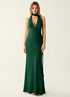 Wrenllien Emerald Green Deep V-Neck Stretch Satin Backless Maxi Dress image3