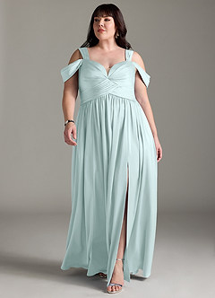 Azazie Lianne Bridesmaid Dresses Sea Glass A-Line Off the Shoulder Stretch Satin Dress image11