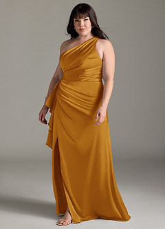 Azazie Maive Robes de demoiselle d'honneur Robe Fourreau en Satin extensible Rayé Caramel écossais image4