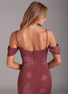 Azazie Saige Bridesmaid Dresses Burgundy Floral Bouquet Sheath Off the Shoulder Stretch Satin Dress image8