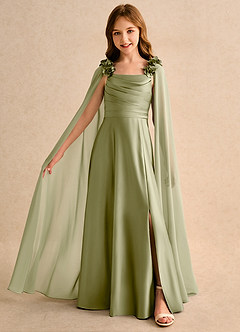 Azazie Rosita Girls Formal Robe Demoiselle D'honneur Fillette Robe Trapèze en Mat Satiné Plissée Vert Mousse image1