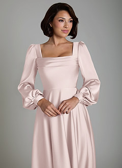 Azazie Solana At-home Try On Dresses Blushing Pink A-Line Long Sleeve Stretch Satin Dress image3