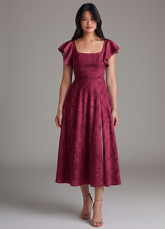 Azazie Bondi Brautjungfernkleider A-Linie Gestreift Blumen-Burnout Kleid Burgunderrot image4