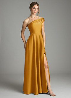 Azazie Melanie 신부 들러리 드레스 A라인 오프 더 숄더 스트레치 새틴 바닥 길이 드레스 image5