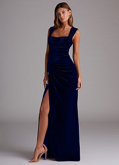 Azazie Genesis Bridesmaid Dresses Dark Navy Sheath Pleated Velvet Dress image4