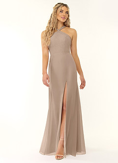 Azazie Rue Bridesmaid Dresses Taupe A-Line Halter Chiffon Dress image1