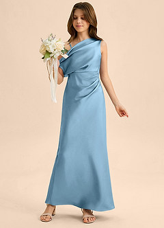 Azazie Emerson Junior Steel Blue Sheath Off the Shoulder Stretch Satin Dress image1