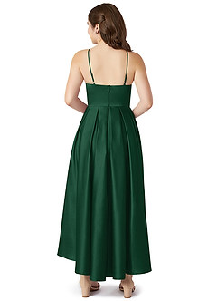 Azazie Jemima Junior Vestido de Verde Oscuro de Satén Elástico de Corte En A con Con bolsillos image2