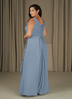 Azazie Evy At-home Try On Dresses Dusty Blue A-Line Pleated Stretch Chiffon Dress image7