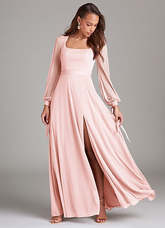 Azazie Leonia Bridesmaid Dresses Blushing Pink A-Line Long Sleeve Mesh Dress image2