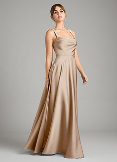 Azazie Shaude Bridesmaid Dresses Taupe A-Line Pleated Stretch Satin Dress image7