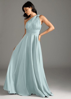 Azazie Charlize Vestidos de damas de honor Vestido de Neblina de Satén Elástico de Corte en A con Hombro unilateral image5