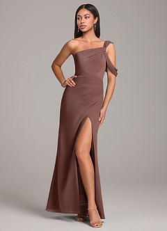 Azazie Wynter Bridesmaid Dresses Espresso Sheath Off the Shoulder Chiffon Dress image4