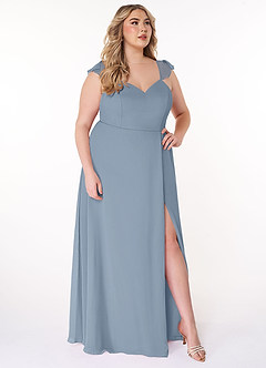 Azazie Everett Robes de demoiselle d'honneur Robe Trapèze en Mousseline de soie Col V froncé Bleu Poussiéreux image9