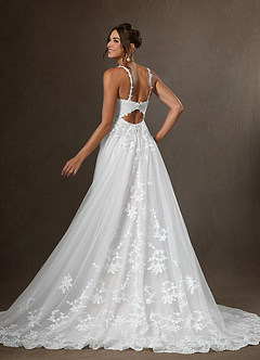 Azazie Devi At-home Try On Dresses Diamond White A-Line V-Neck Lace Tulle Dress image2