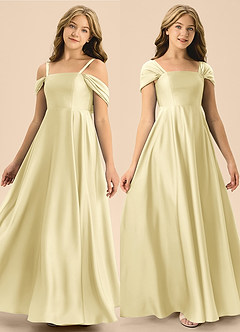 Azazie Rowena Junior Lemon Sorbet A-Line Bow Stretch Satin Dress image1