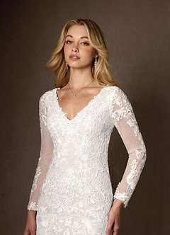 Azazie Dulce Amor Wedding Dresses Diamond White Mermaid V-Neck lace Tulle Dress image4