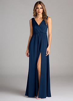 Azazie Tanicia Vestidos de damas de honor Vestido de Azul Marino Oscuro de Satén Elástico de Corte en A con Plisado image3