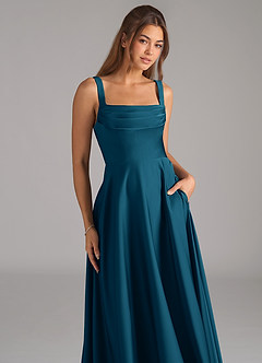 Azazie Shaude Bridesmaid Dresses Ink Blue A-Line Pleated Stretch Satin Dress image2