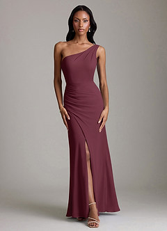 Azazie Madelyn Vestidos de damas de honor Vestido de Cabernet de Gasa de Corte Sirena Convertible con Hombro unilateral image7