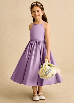 Azazie Indi vestidos de niña de las flores Vestido de Glicinia de Satin Mate de Corte En A con Lazo image4