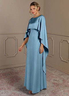 Azazie Eli Mother of the Bride Dresses Steel Blue Sheath Boatneck Stretch Satin Dress image3