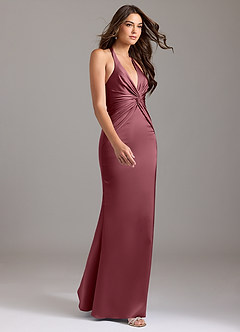 Azazie Valerie Vestidos de damas de honor Vestido de Rosa Del Desierto de Satén Elástico de Corte Sirena con Plisado image4