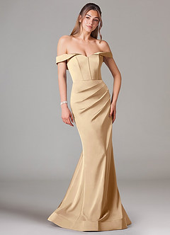 Azazie Everly Bridesmaid Dresses Champagne Mermaid Off the Shoulder Stretch Satin Convertible Dress image1