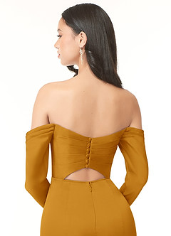 Azazie Hallie Vestidos de damas de honor Vestido de Caramelo de Satén Elástico de Corte Recto Convertible con Manga larga con hombros descubiertos image7
