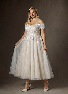 Azazie Rowe Abiti da Sposa Abito A-Line in Pizzo a Spalla Scoperta Bianco Diamante Champagne image1