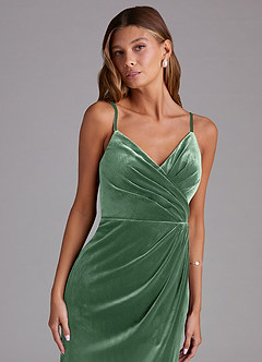 Azazie Maci Bridesmaid Dresses Eucalyptus Sheath Pleated Velvet Dress image6