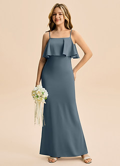 Azazie Galene Junior Havfrue Stræk satin Gulv-længde Junior brudepige Kjole image3