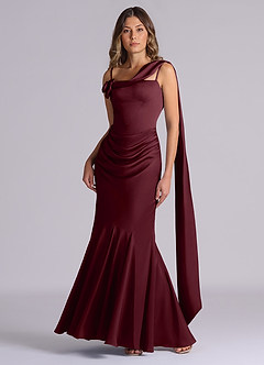 Azazie Inara Bridesmaid Dresses Cabernet Mermaid Pleated Stretch Satin Dress image4