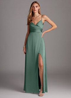 Azazie Calissa Robes de demoiselle d'honneur Robe Trapèze en Satin extensible Col V plissé Eucalyptus image1