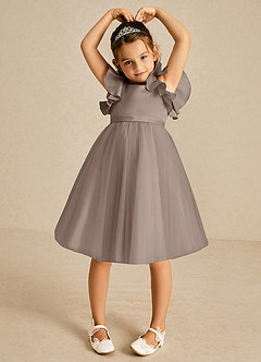 Azazie Kaeya Flower Girl Dresses Taupe A-Line Bow Tulle Dress image3
