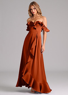 Azazie Lyra Robes de demoiselle d'honneur Robe Trapèze Convertible en Satin extensible Épaule décolletée Paprika image4