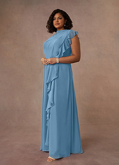 Azazie Narine Mère de la mariée Robes Robe Trapèze en Mousseline de soie Encolure haute plissée Acier Bleuté image9