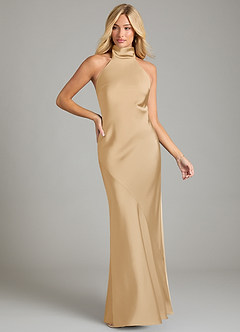 Azazie Velli Bridesmaid Dresses Gold Mermaid High Neck Stretch Satin Dress image3