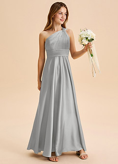 Azazie Charlize Junior Silver A-Line Pleated Stretch Satin Dress image3