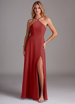 Azazie Bailey Bridesmaid Dresses Rust A-Line Halter Side Slit Chiffon Dress image1