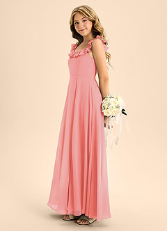 Azazie Callie Junior Abito A-Line in Chiffon Increspato Corallo image7