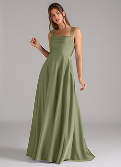Azazie Shaude Bridesmaid Dresses Garden Sage A-Line Pleated Stretch Satin Dress image6