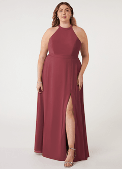 Azazie Clarice Vestidos de damas de honor Vestido de Merlot de Gasa de Corte en A con Halter image8